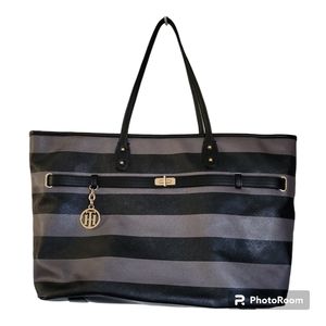 TOMMY HILFIGER Black and Gray Striped Large Tote Bag